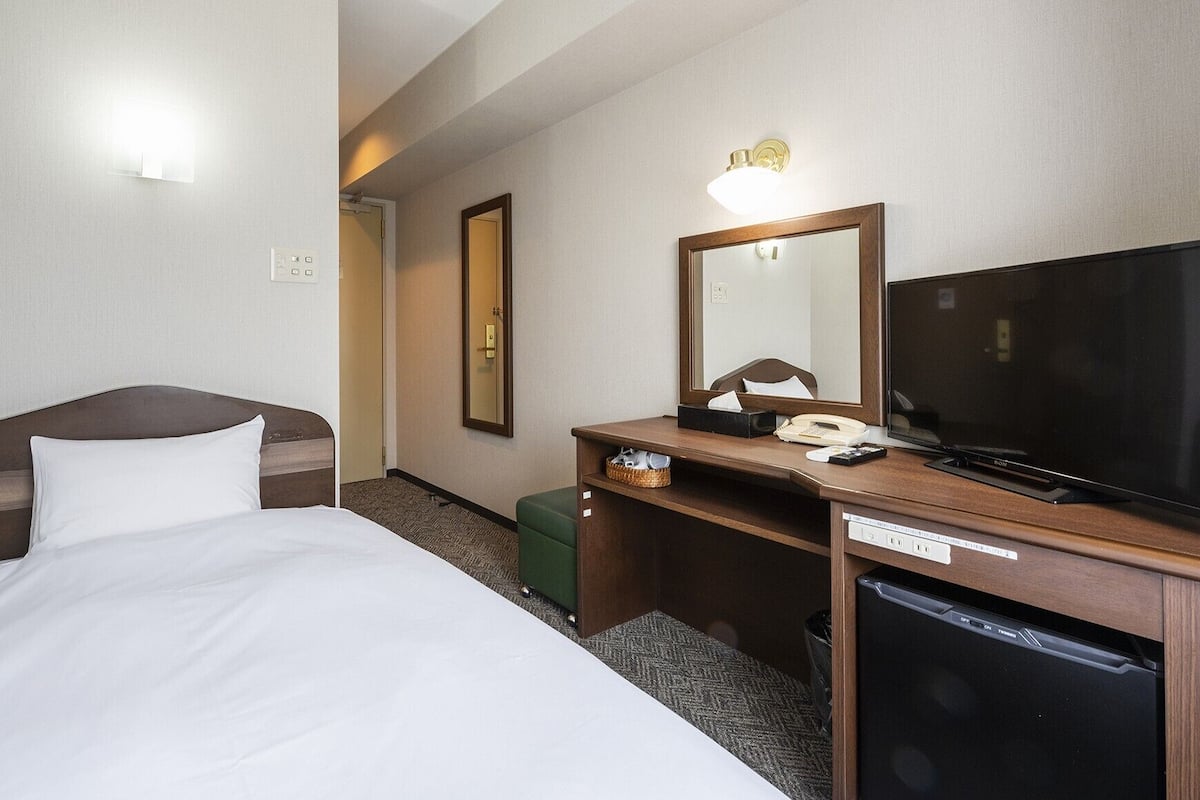 A hotel room with a bed, a desk with a television, a mirror, and a trash bin.