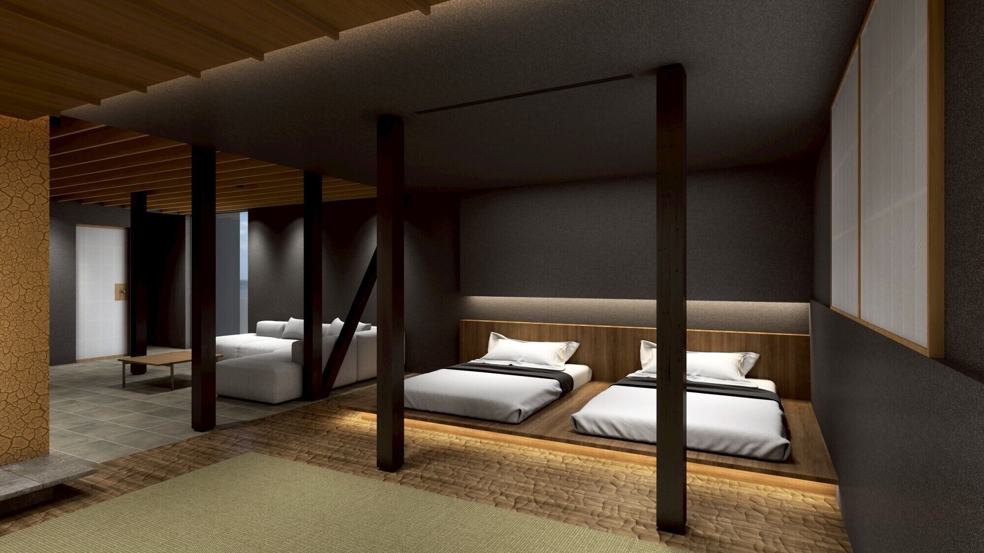 A modern hotel room with a large bed, a smaller sofa, and a bench.