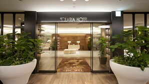 La entrada del Hotel Solaria, con un mostrador de recepción, una decoración moderna y grandes macetas.