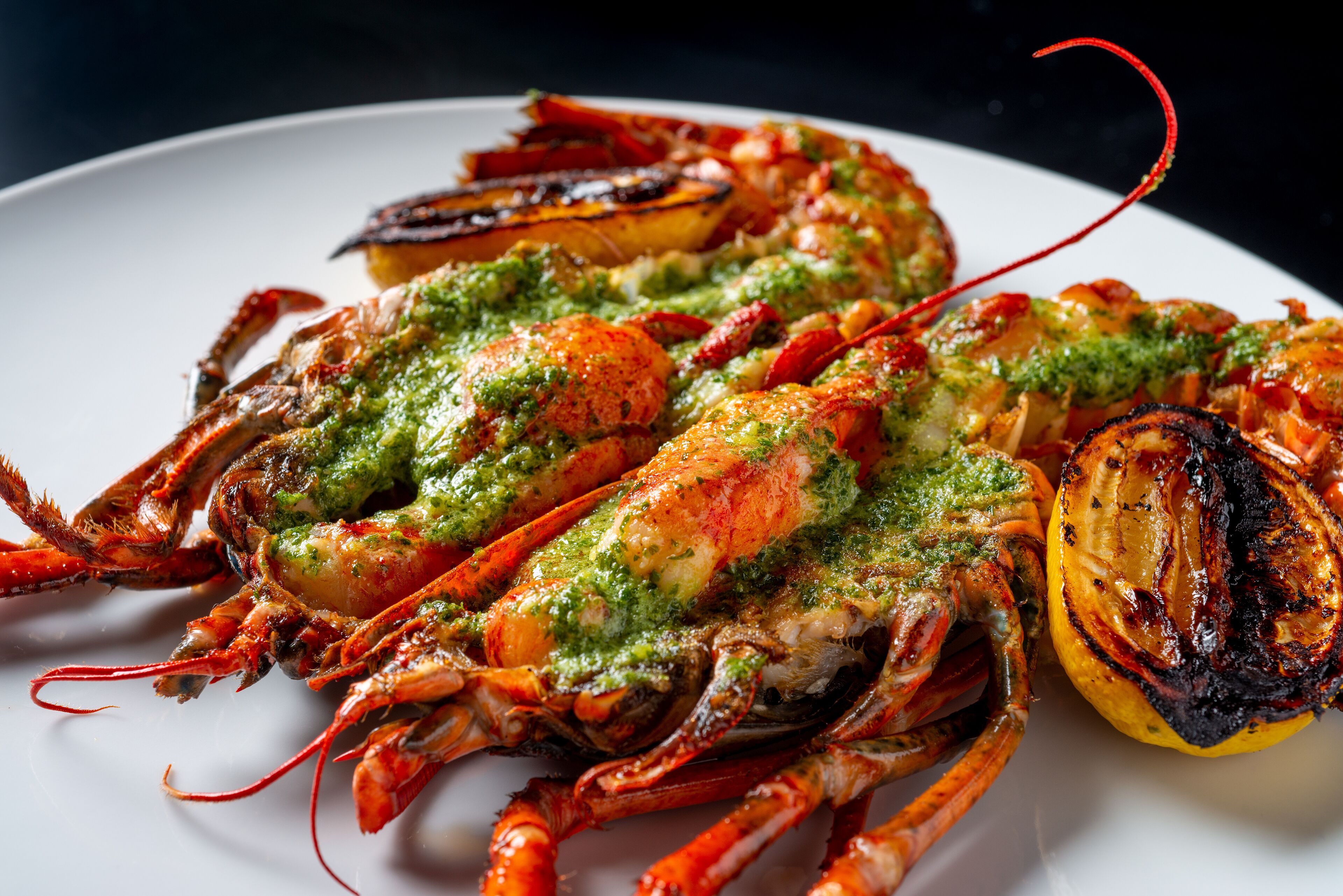 A plate of grilled lobster with a green sauce and grilled lemon slices.