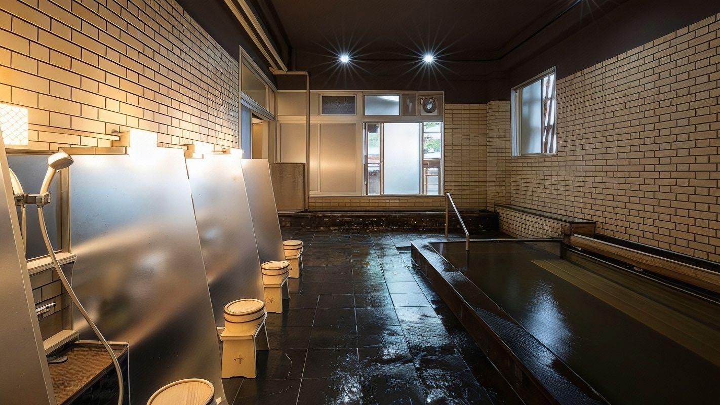 A public restroom with multiple toilets, a bench, and a large mirror.