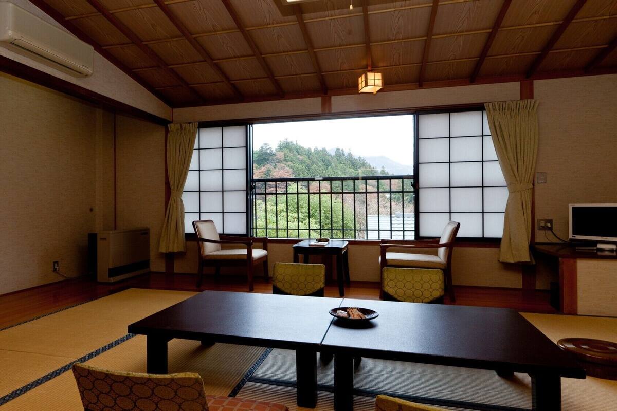 Una habitación japonesa tradicional con suelo de tatami, una mesa baja, sillas, un televisor y vistas a zonas verdes.