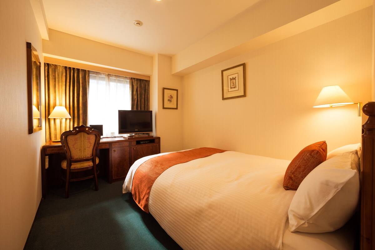 A hotel room with a bed, a desk, a chair, a television, and a lamp.