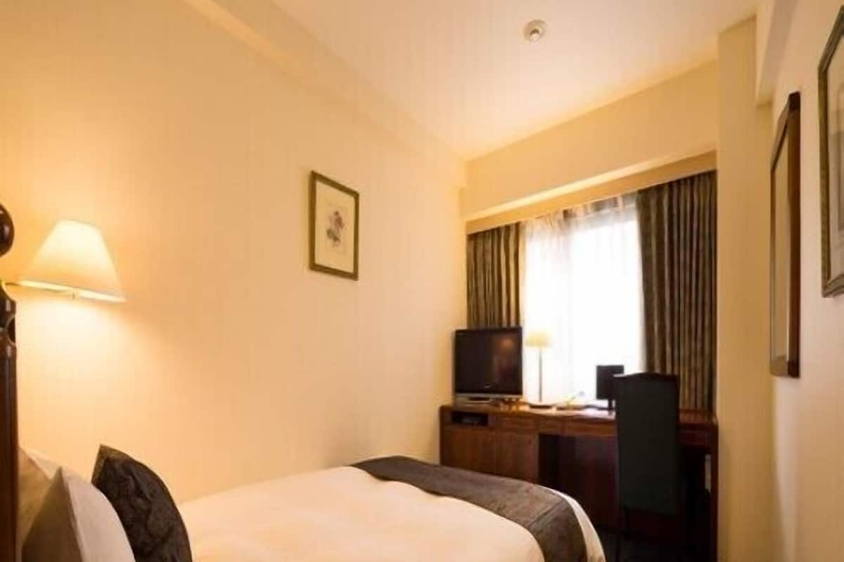 A hotel room with a bed, desk, chair, television, and a picture on the wall.