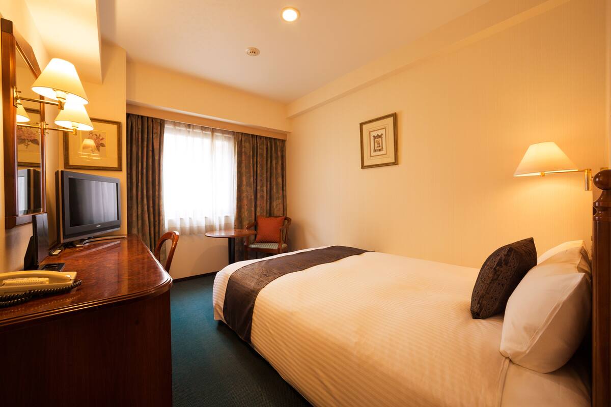 A hotel room with a bed, a desk with a telephone, a television, and a chair.
