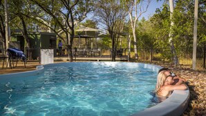 Uma piscina com água cristalina, rodeada por árvores e uma área cercada.