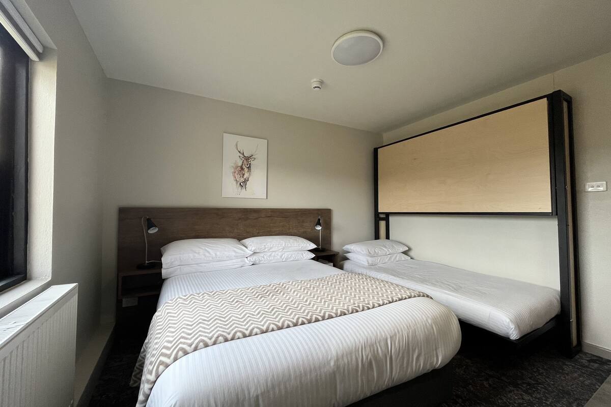 A hotel room with a large bed, a smaller bed, a headboard, a nightstand, a lamp, a ceiling light, a window, and a wall-mounted TV.