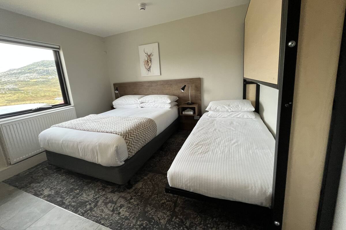 A room with two beds, a window with a view of a landscape, a ceiling light, and a framed picture on the wall.