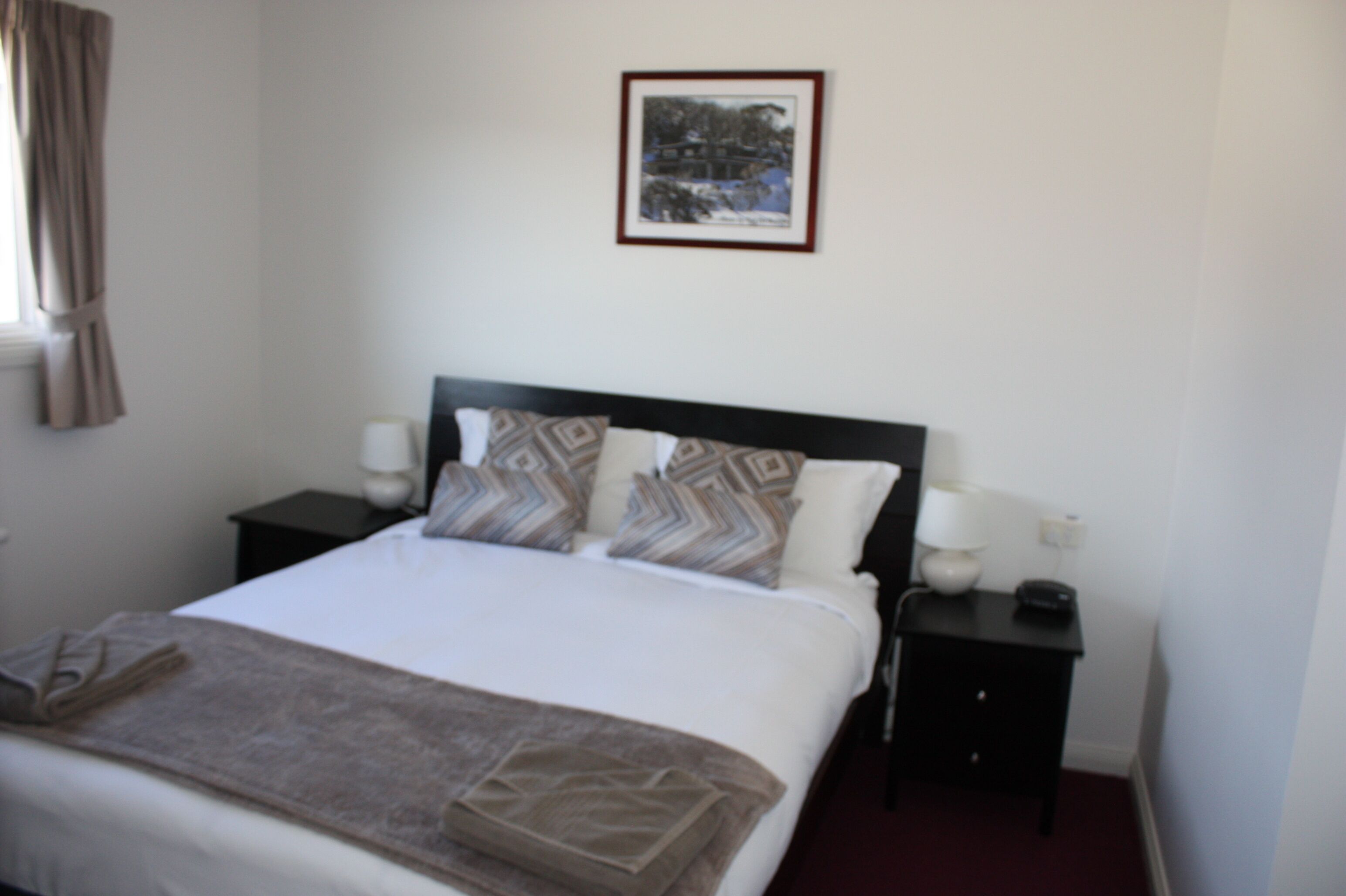 A neatly made bed with patterned pillows, a bedside table with a lamp, and a framed picture on the wall.