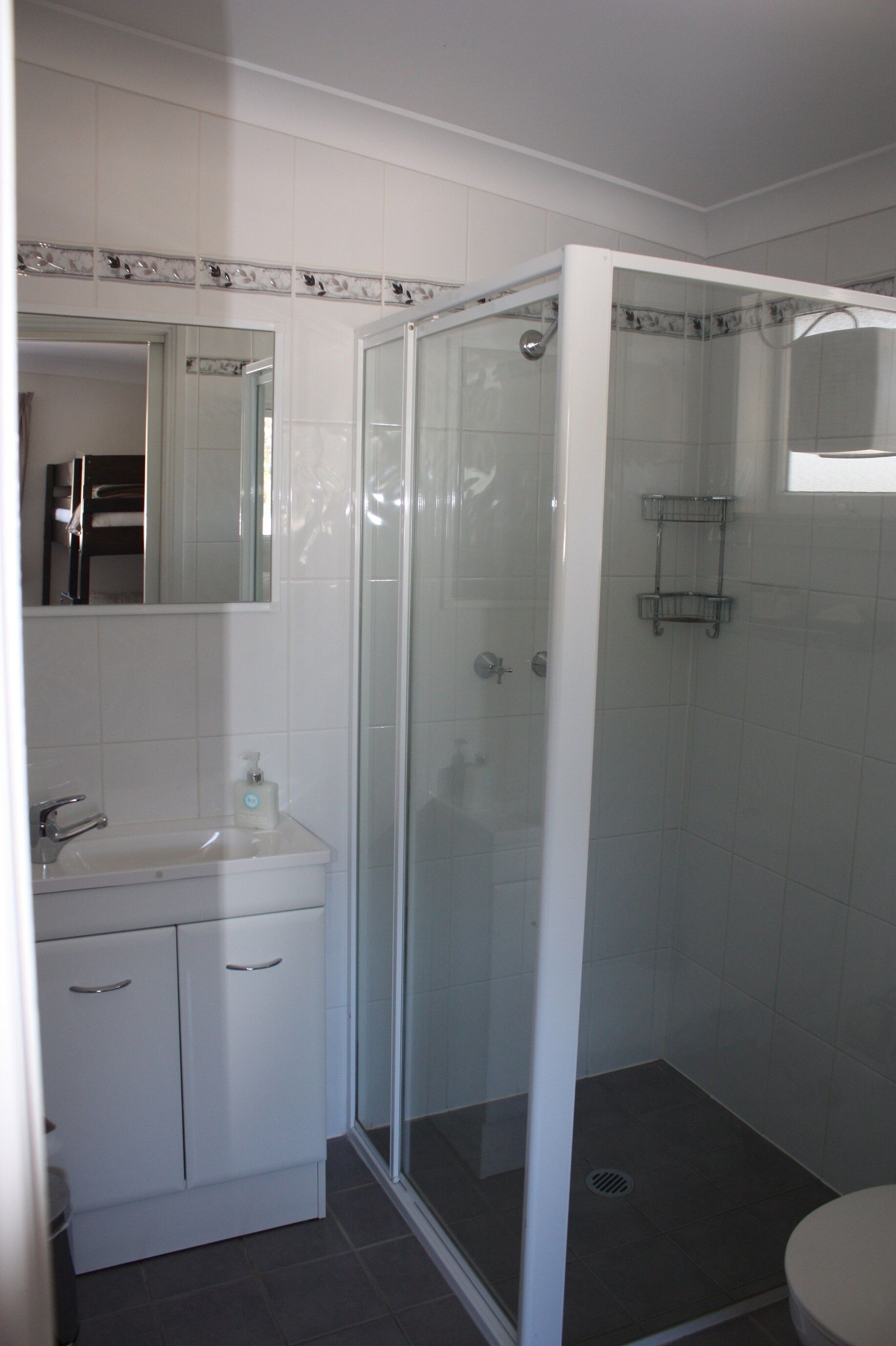 A bathroom with a glass-enclosed shower, a white sink, and a mirror above the sink.