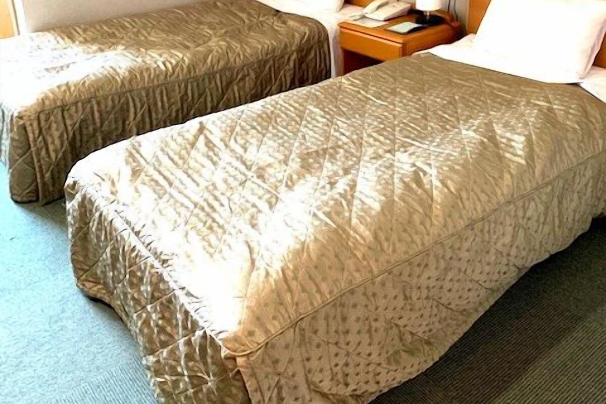 A hotel room with two single beds, each with a wooden headboard and white pillows. There is a nightstand with a lamp and a phone between the beds.