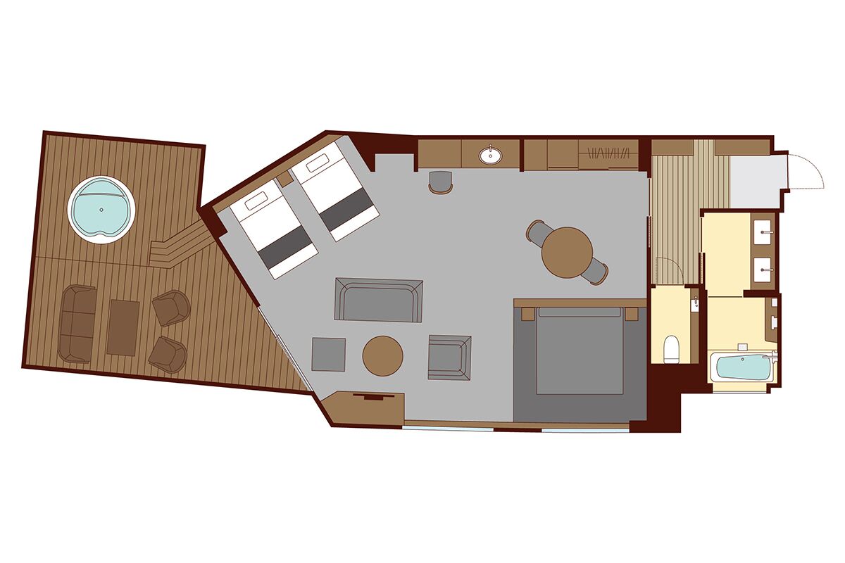 A floor plan of a hotel room with a pool, a living area with a sofa and a table, a separate bathroom, and a kitchenette.