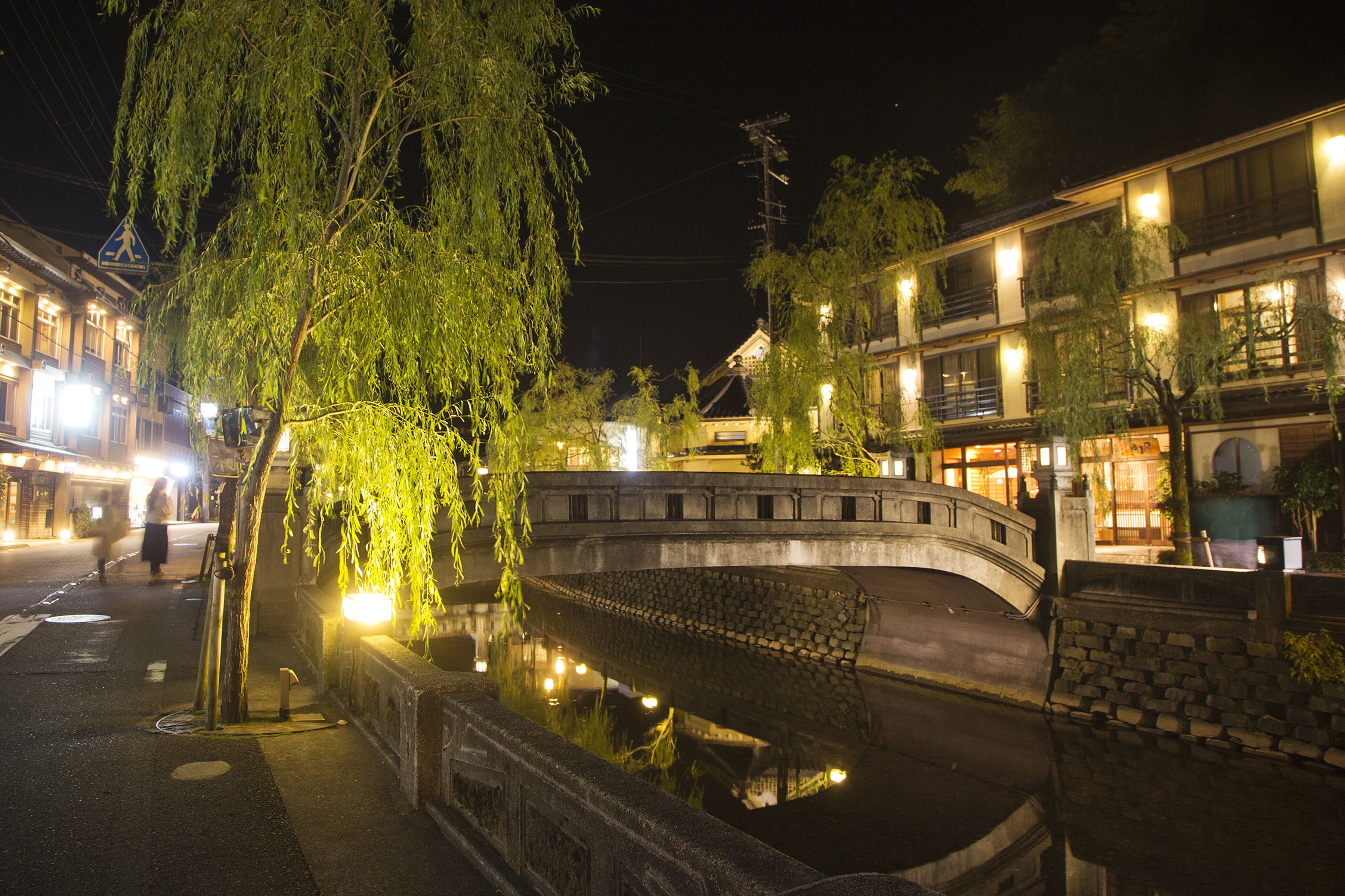 A nighttime view of a traditional building with a stone bridge over a canal, surrounded by trees and illuminated by street lamps.