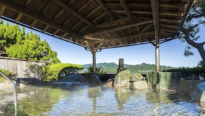 A clear pool with rocks and a wooden structure overhead.