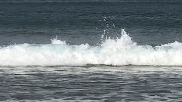 Vista del océano con olas rompiendo en la orilla.