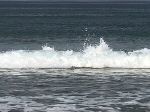 A view of the ocean with waves crashing onto the shore.