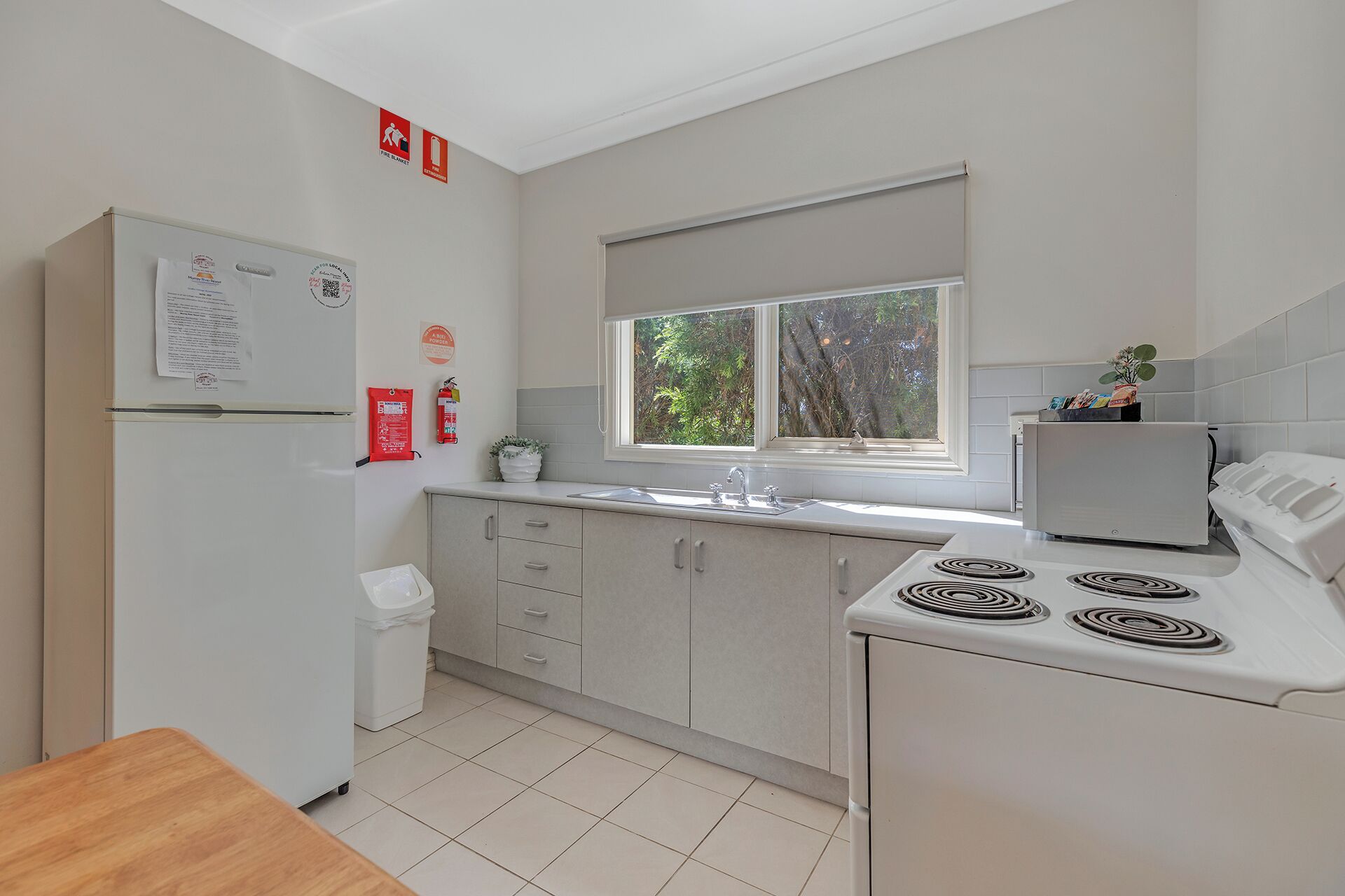 A modern kitchen with a refrigerator, stove, sink, and cabinets. There is a window with a view of trees outside.