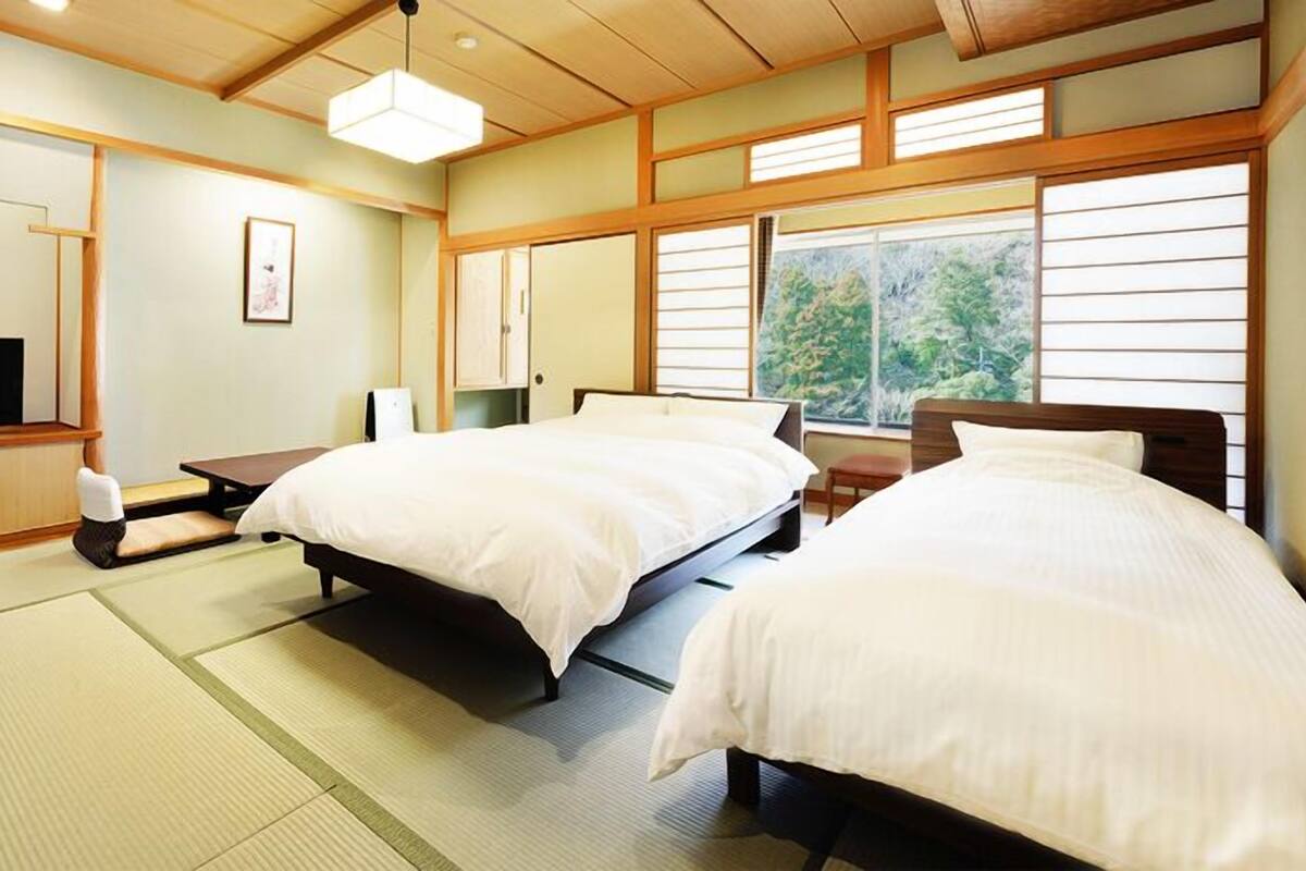 A traditional Japanese-style bedroom with tatami flooring, two beds, a television, and a view of greenery through the windows.