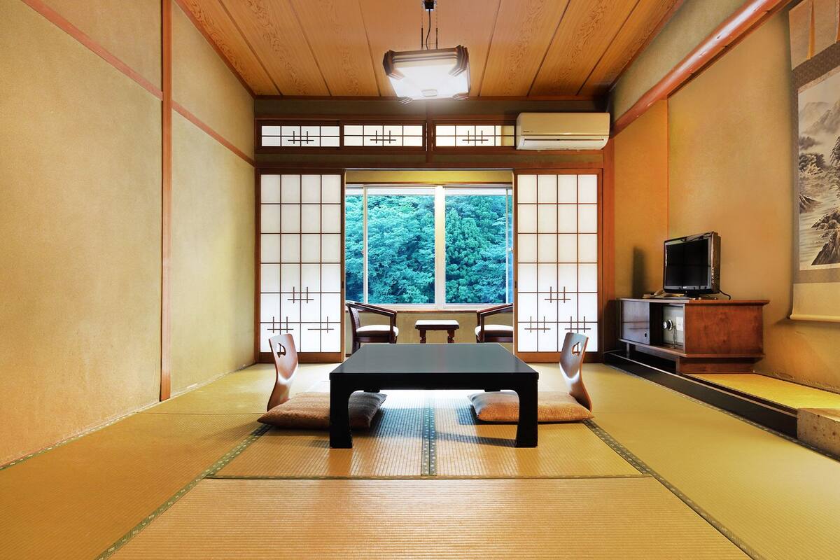 A tatami mat room with a futon bed, sliding shoji doors, a television, and a painting on the wall.