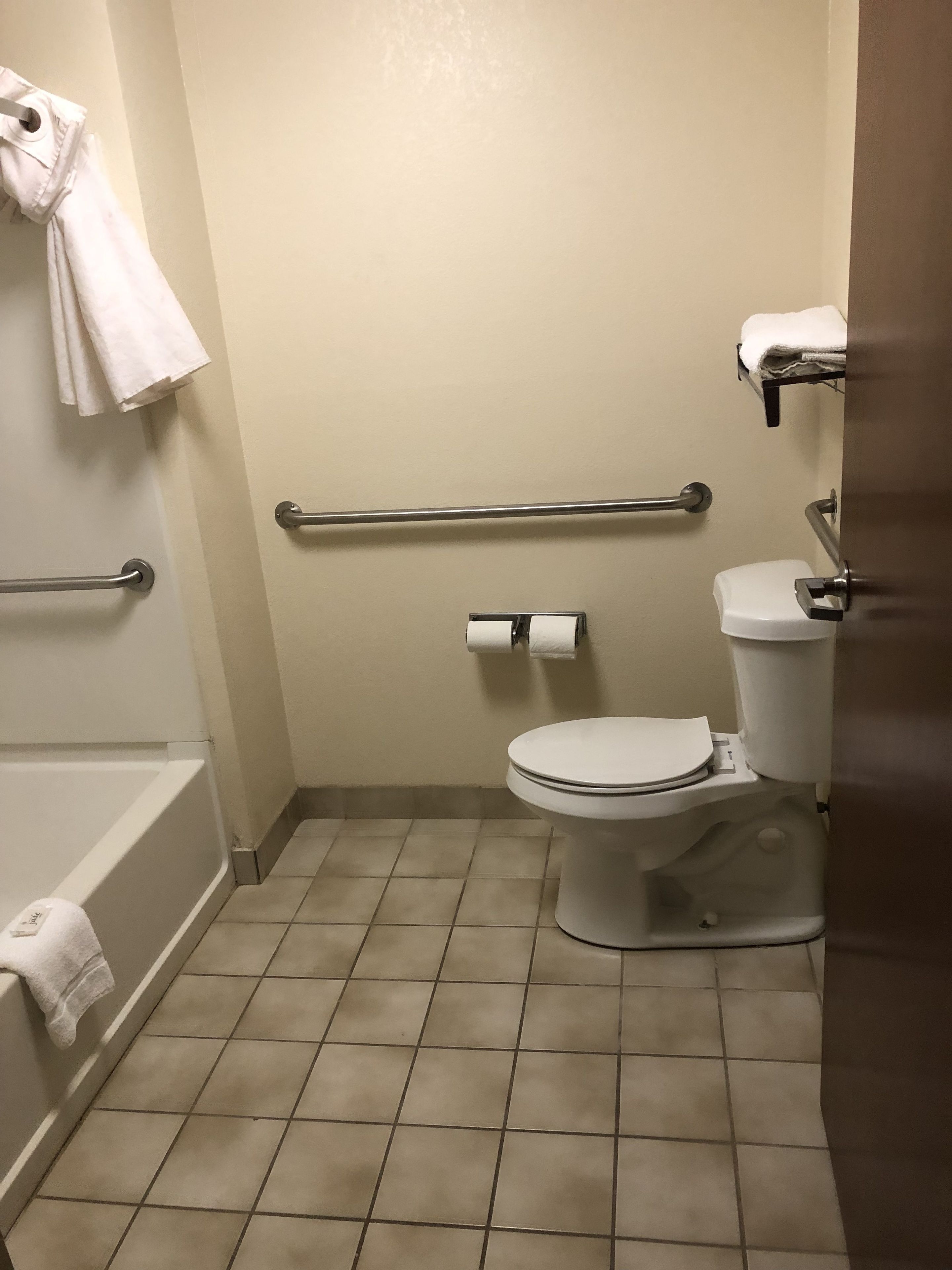 ベーシック ルーム キングベッド 1 台 バリアフリー 禁煙 | バスルーム | シャワー付き浴槽、ヘアドライヤー、タオル