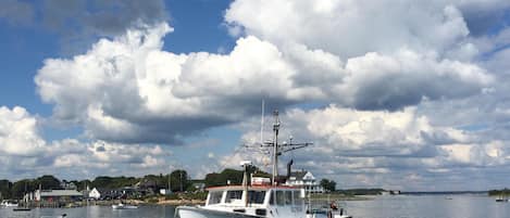 Ein Boot namens 'Hayley Ann' liegt im Hafen vor einer bewölkten Kulisse und einer fernen Küstenlinie.