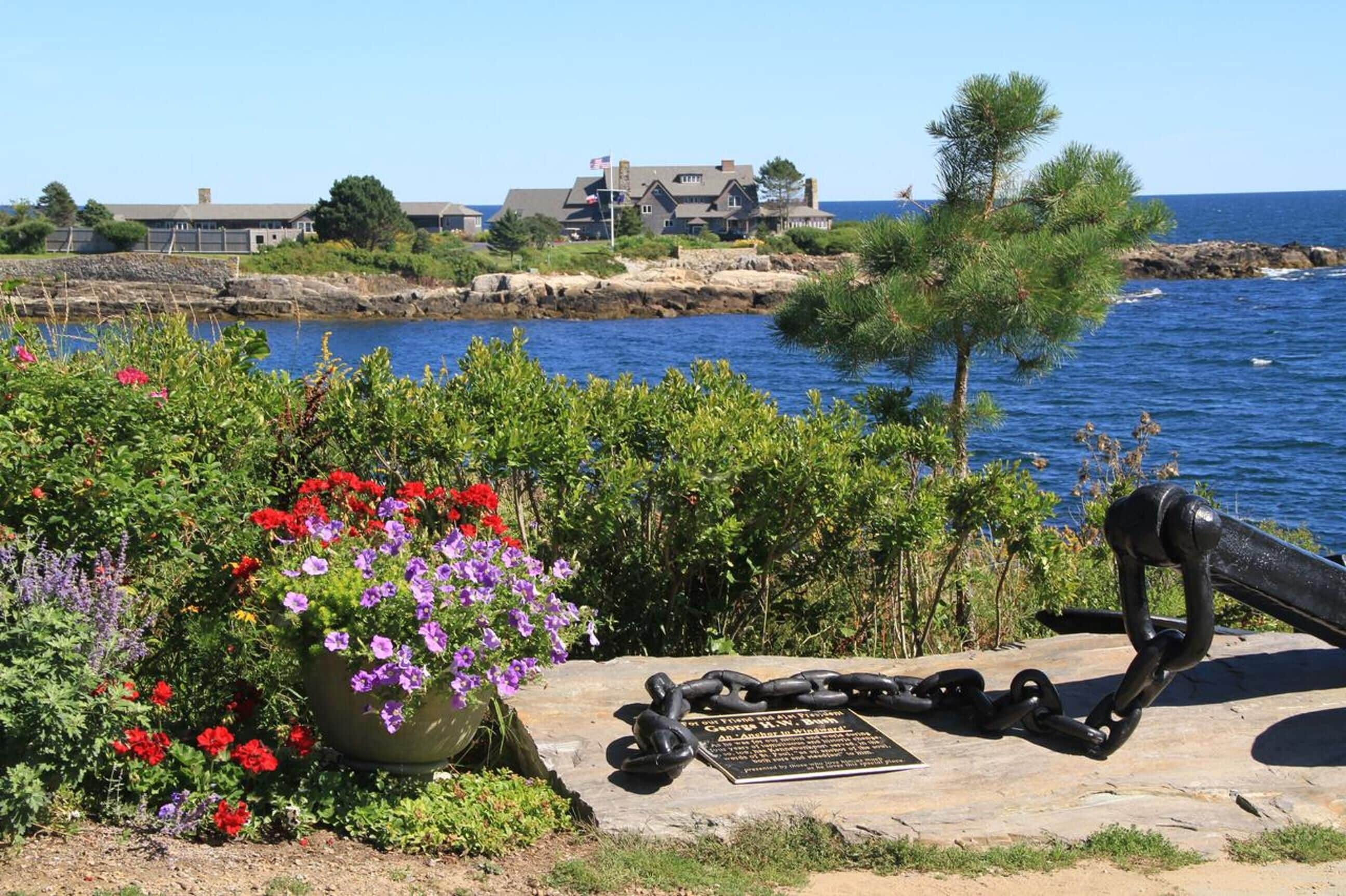 A coastal scene with a stone monument featuring a plaque, surrounded by vibrant flowers and a pine tree.