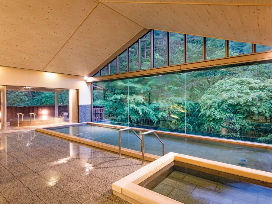 Una piscina interior con paredes de vidrio transparente, suelo de baldosas y vistas a un área boscosa.