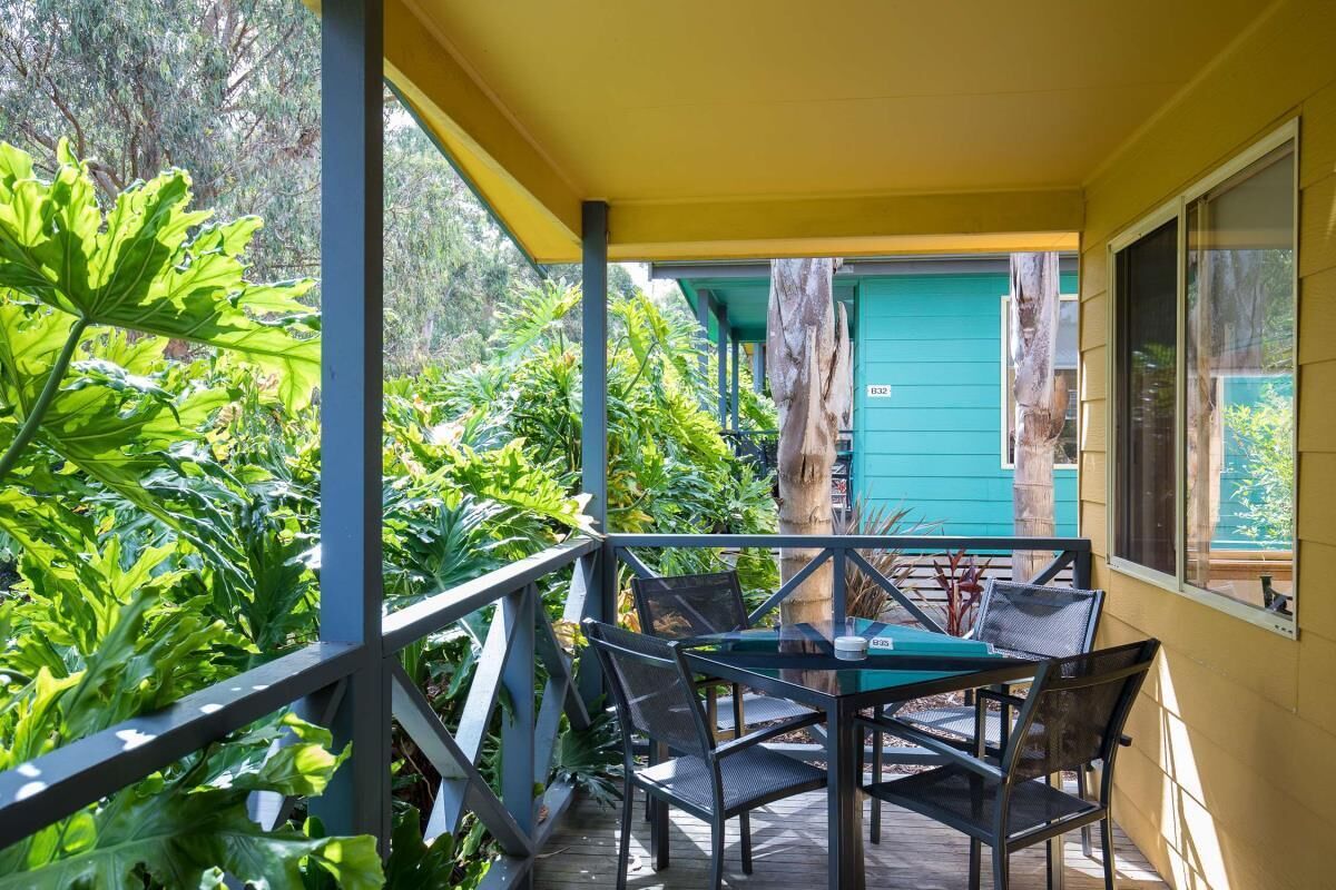A covered outdoor area with a table and chairs, surrounded by lush greenery.