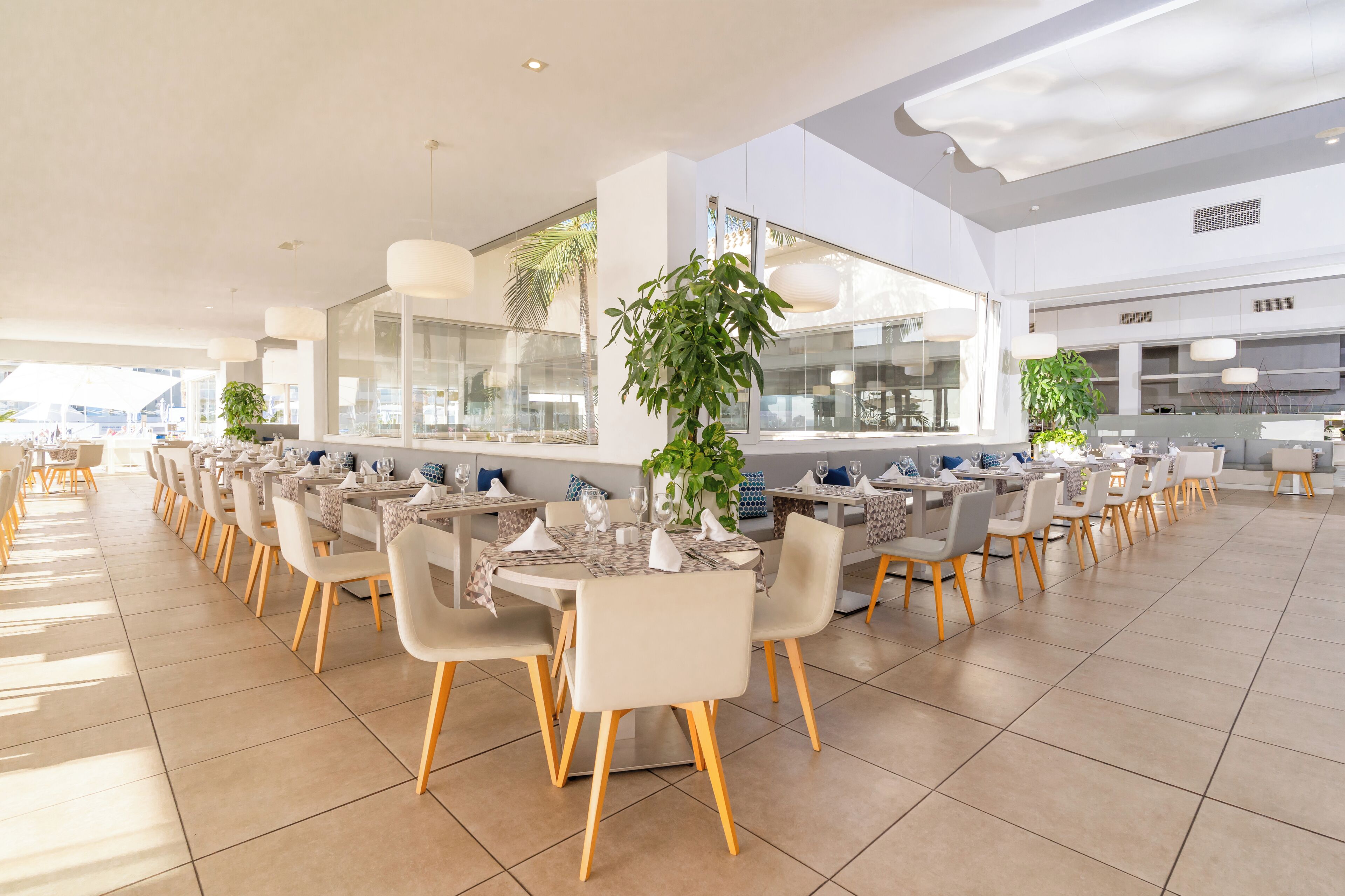 A spacious dining area with multiple tables and chairs, large windows, and indoor plants.