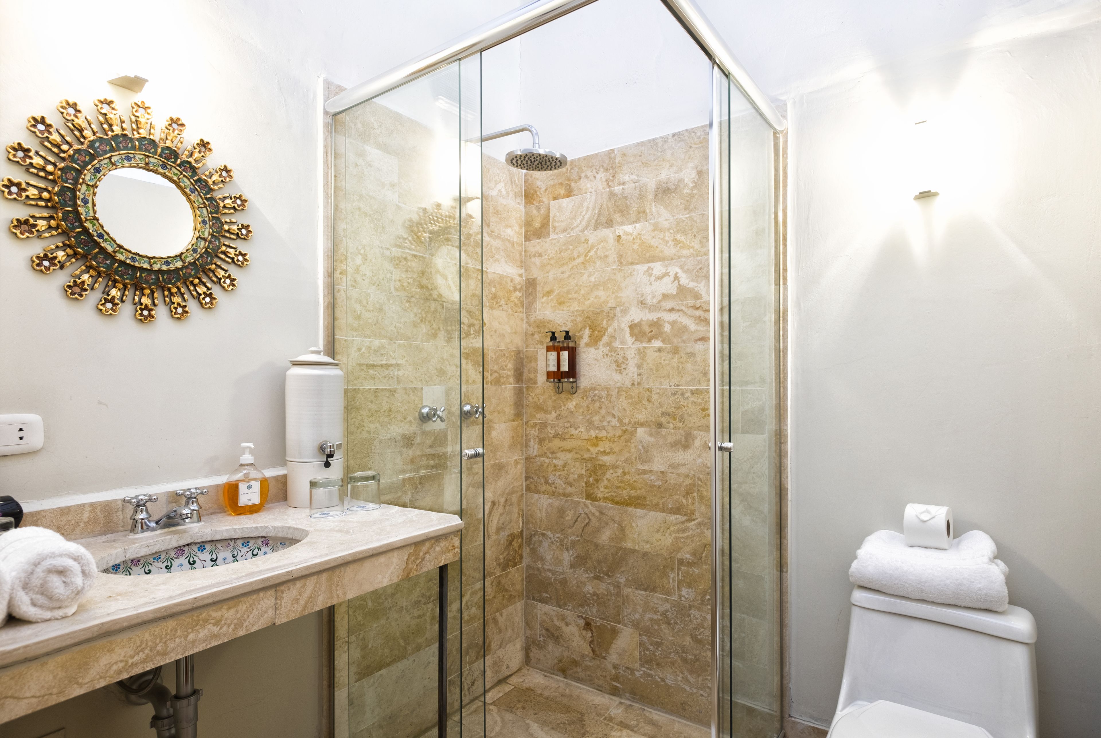 shower, rainfall showerhead, designer toiletries, hair dryer