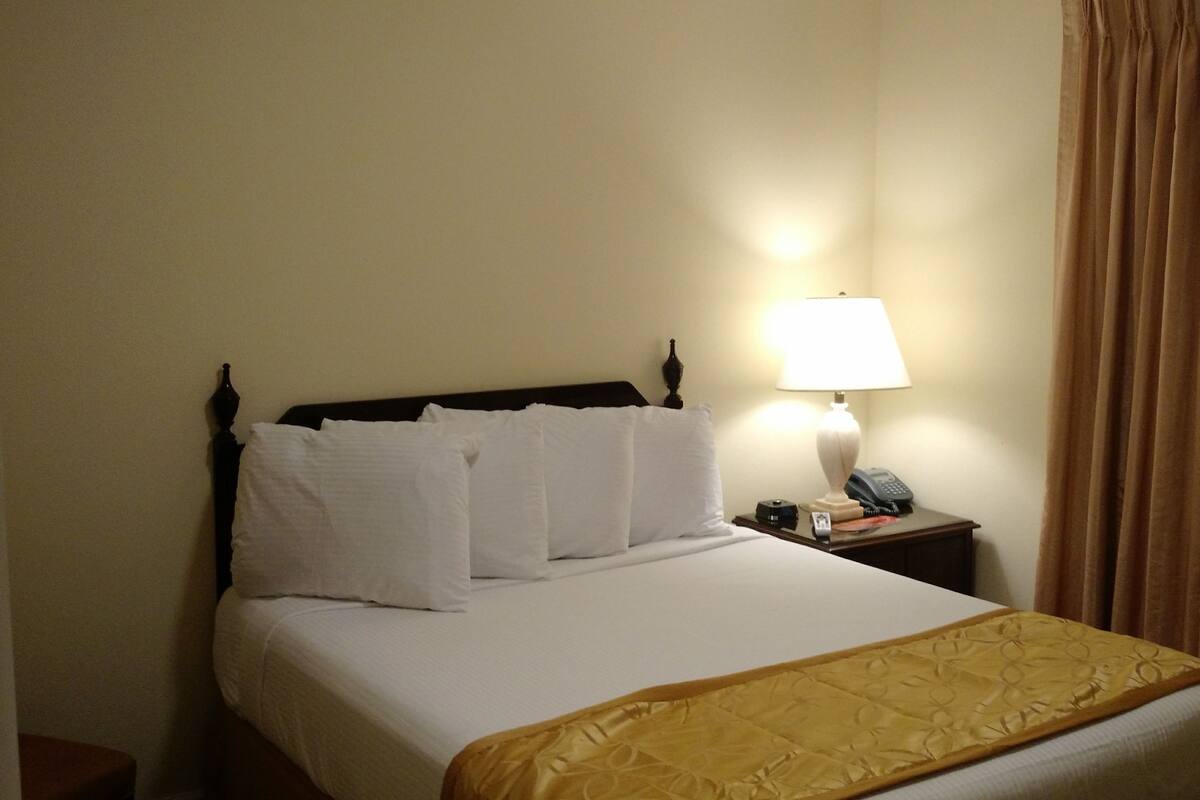 Una habitación de hotel con una cama, una mesita de noche, una lámpara y una cortina.