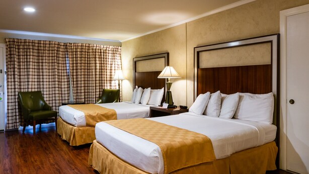 A hotel room with two beds, a chair, a lamp, and a checkered curtain. - Townsend Gateway Inn (Townsend)