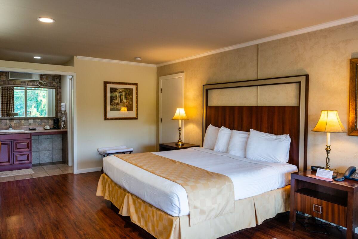 Habitación de hotel con una cama grande, dos lámparas de noche, un cabecero de madera, un cuadro enmarcado en la pared y un baño con lavabo y espejo.