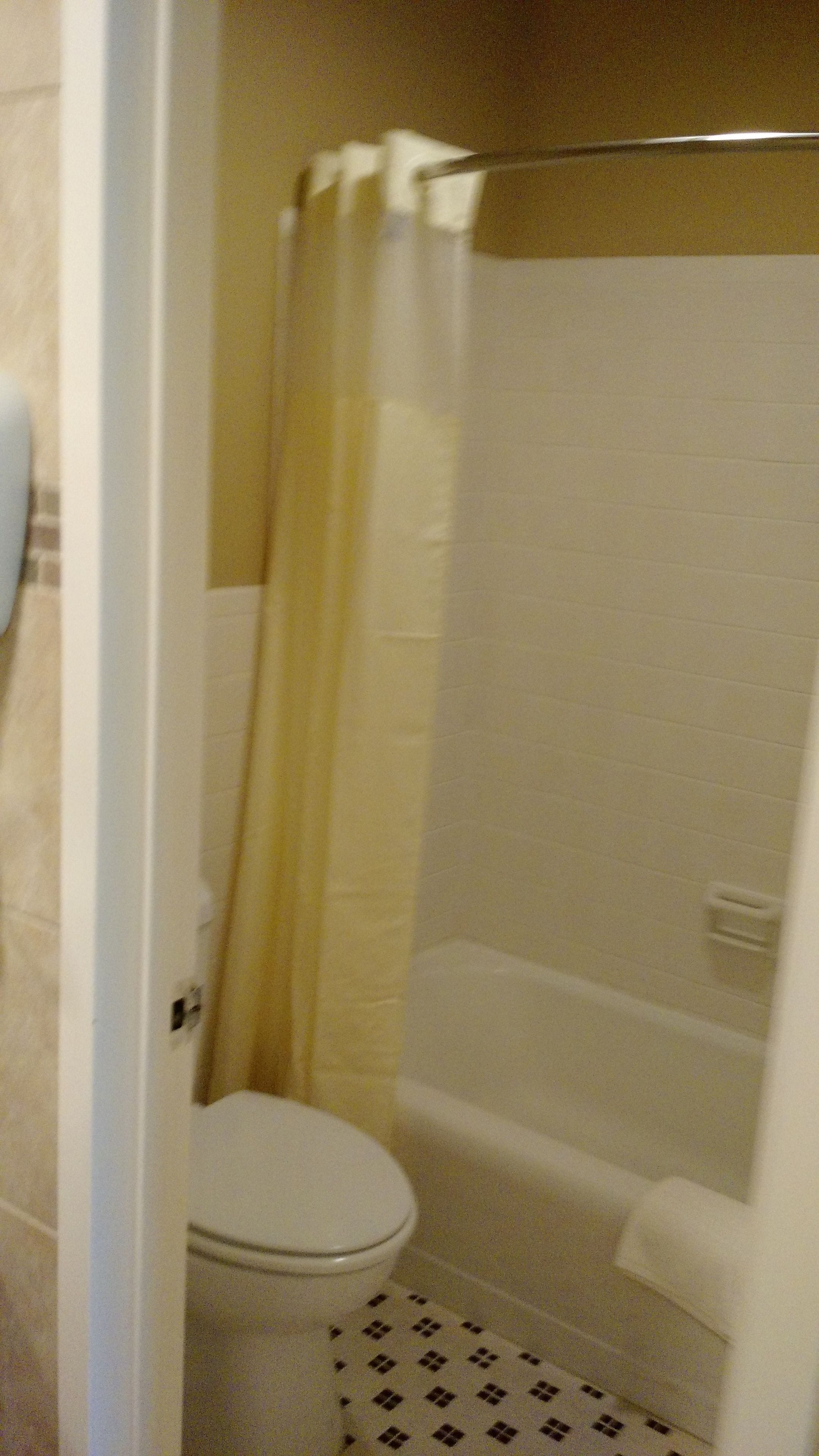 Un baño con inodoro, ducha con cortina y bañera.