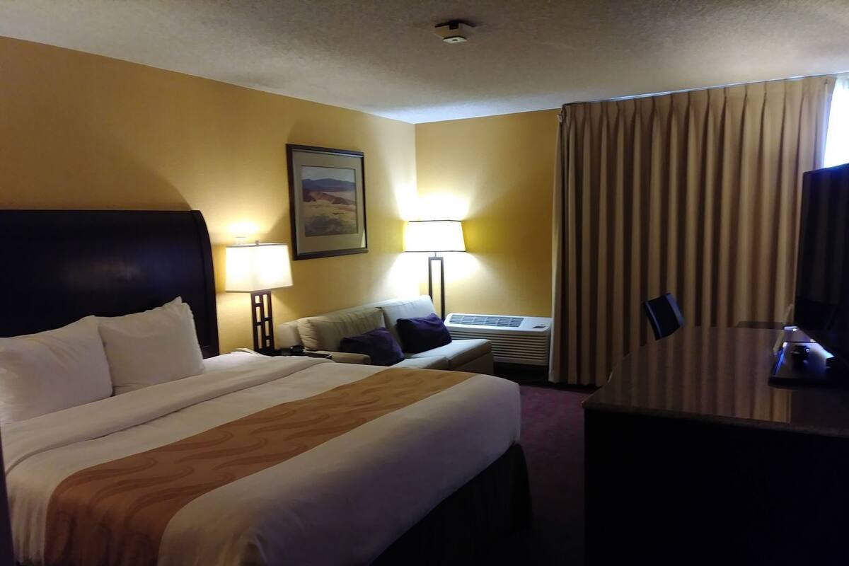 A hotel room with a large bed, a desk, a lamp, an air conditioner, and a painting on the wall.