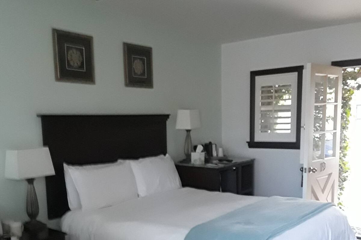 A bedroom with a bed, bedside tables, a ceiling fan, and a door with a view.
