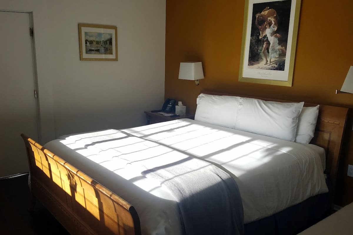 A hotel room with a bed, a nightstand, a lamp, a framed picture on the wall, and a door.