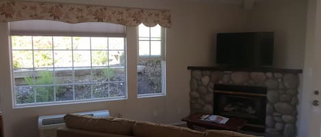 A living room with a stone fireplace, a large window with a view of greenery, and a television on the mantel.