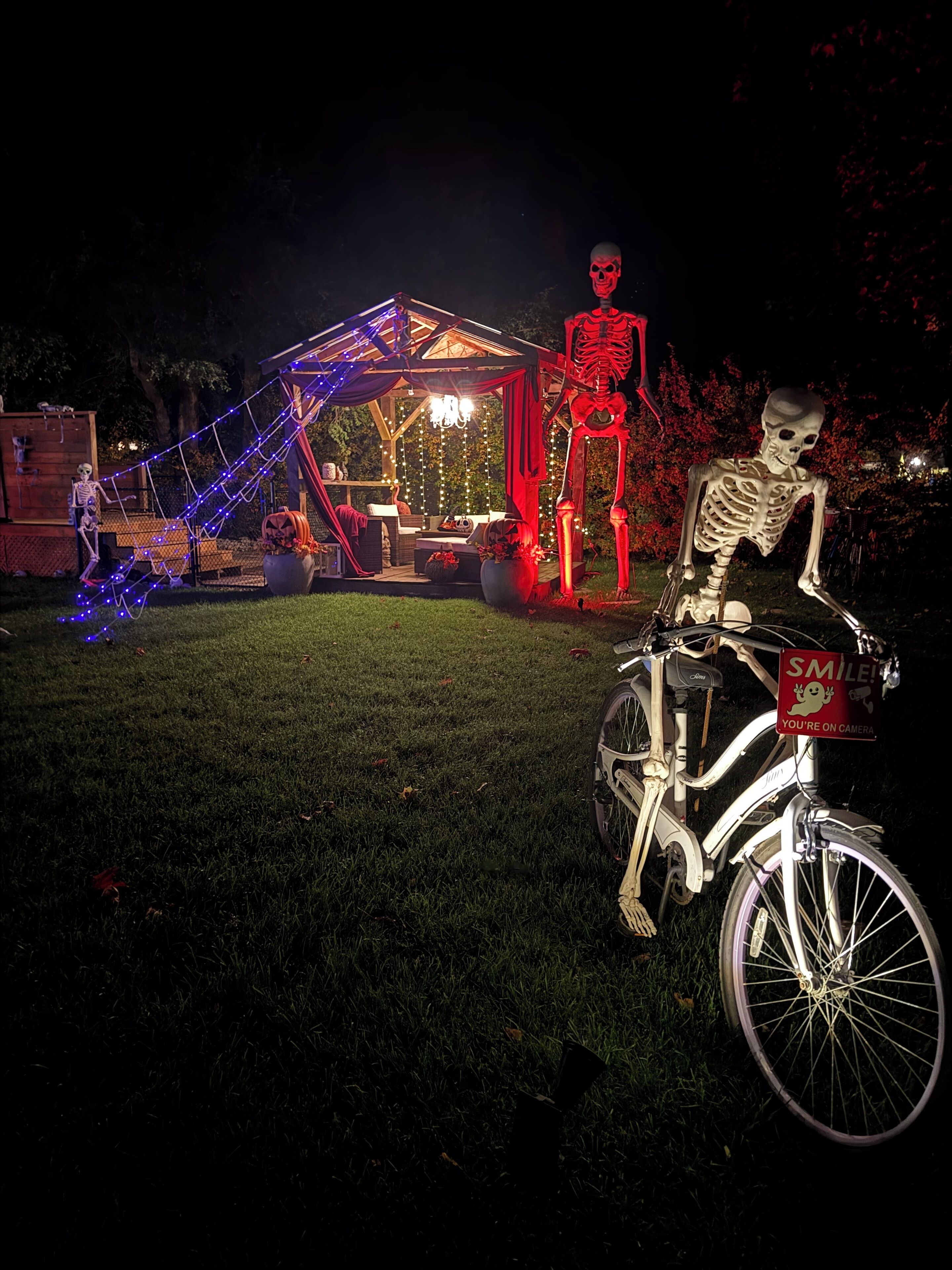 A skeleton on a bicycle with a sign that says "SMILE! YOU'RE ON CAMERA."