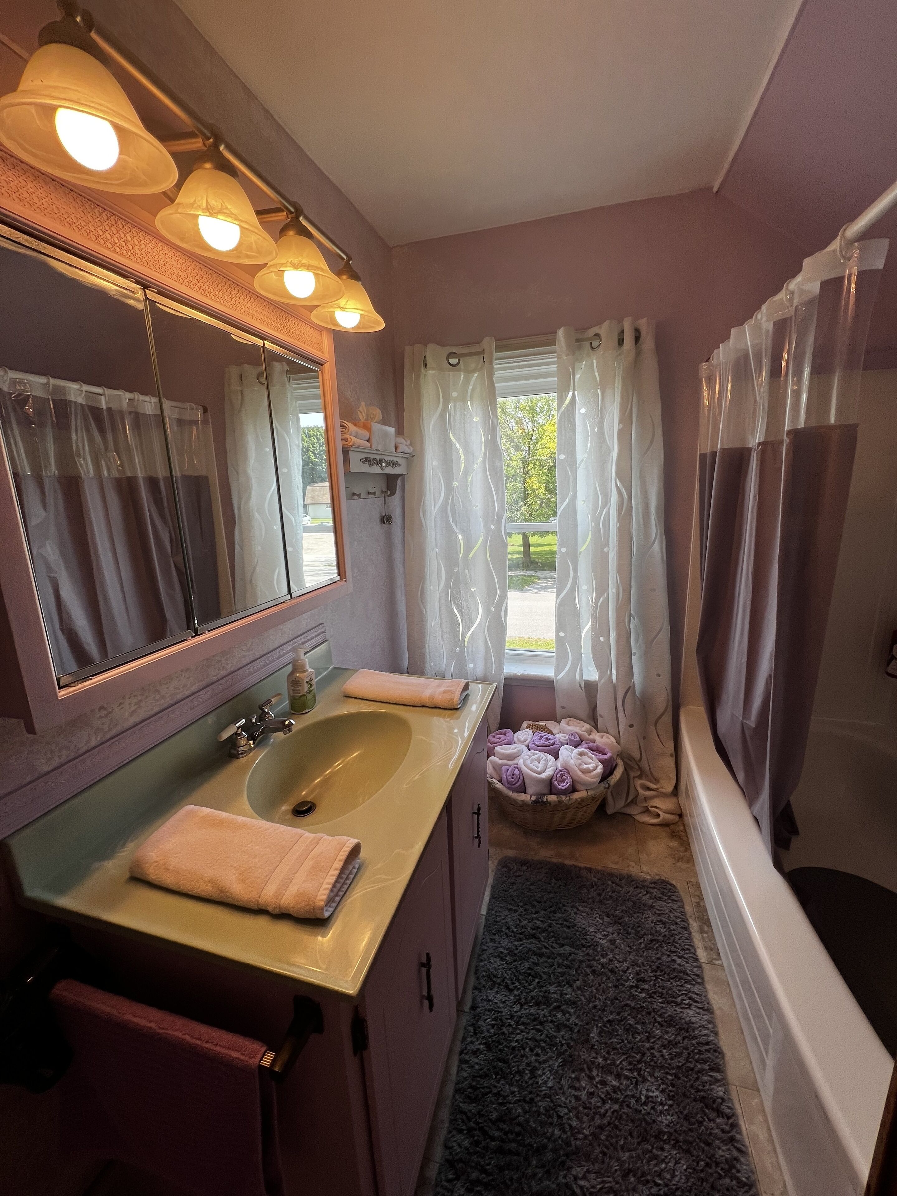 A bathroom with a sink, mirror, and towel rack. There is a window with curtains and a view of greenery outside.