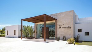 A modern building with a covered entrance, a sign reading "Zenithia," and a clear sky.