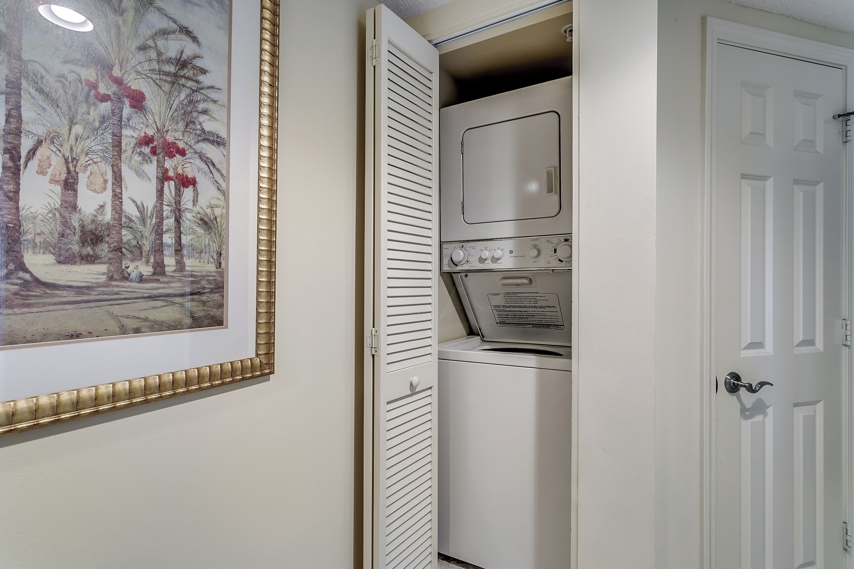 A compact laundry room with a white door, a wall-mounted dryer, and a framed picture of palm trees.