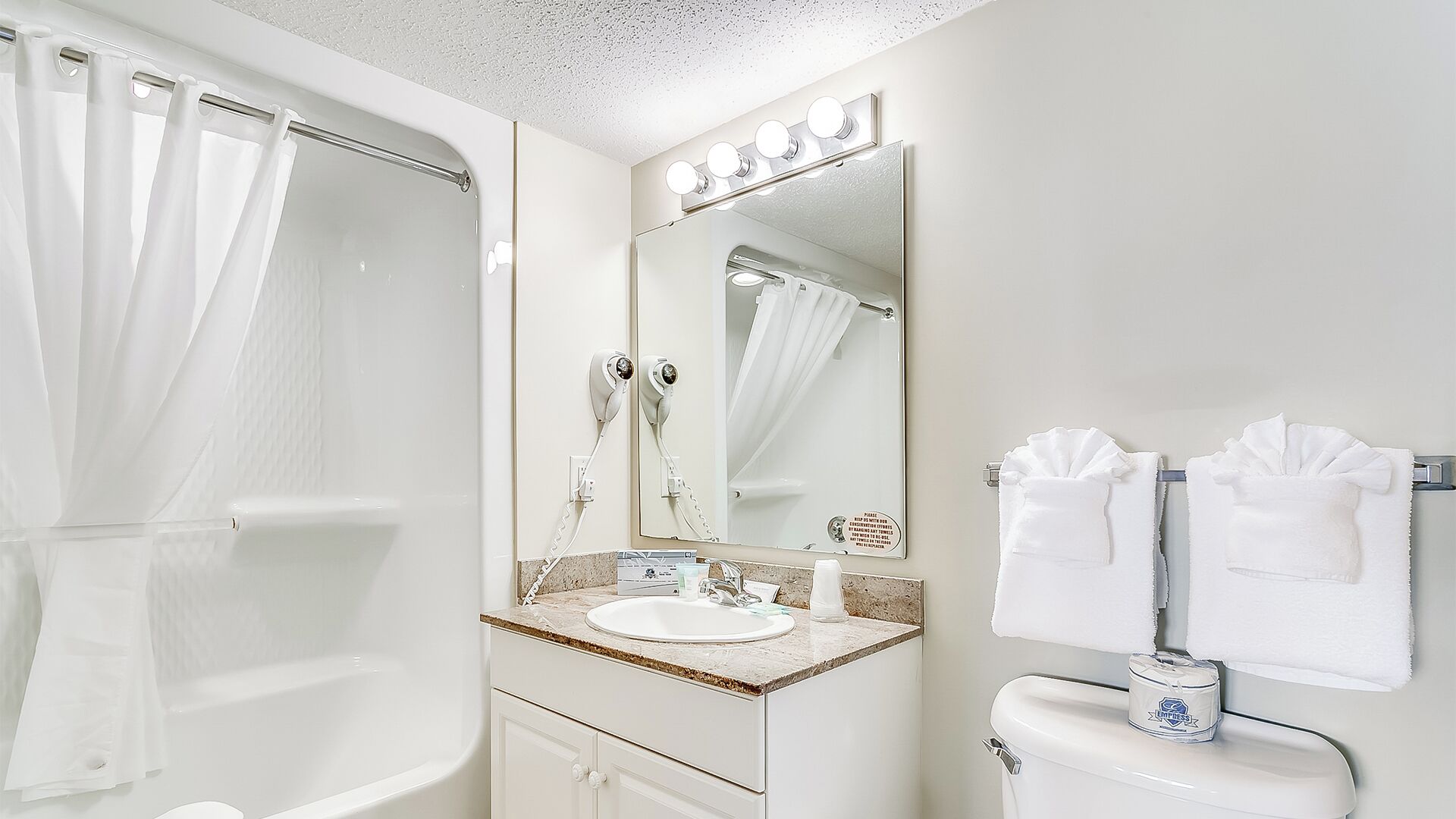 free toiletries, hair dryer, towels