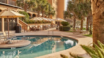 Indoor pool, outdoor pool, open 8:00 AM to 8:00 PM, pool umbrellas