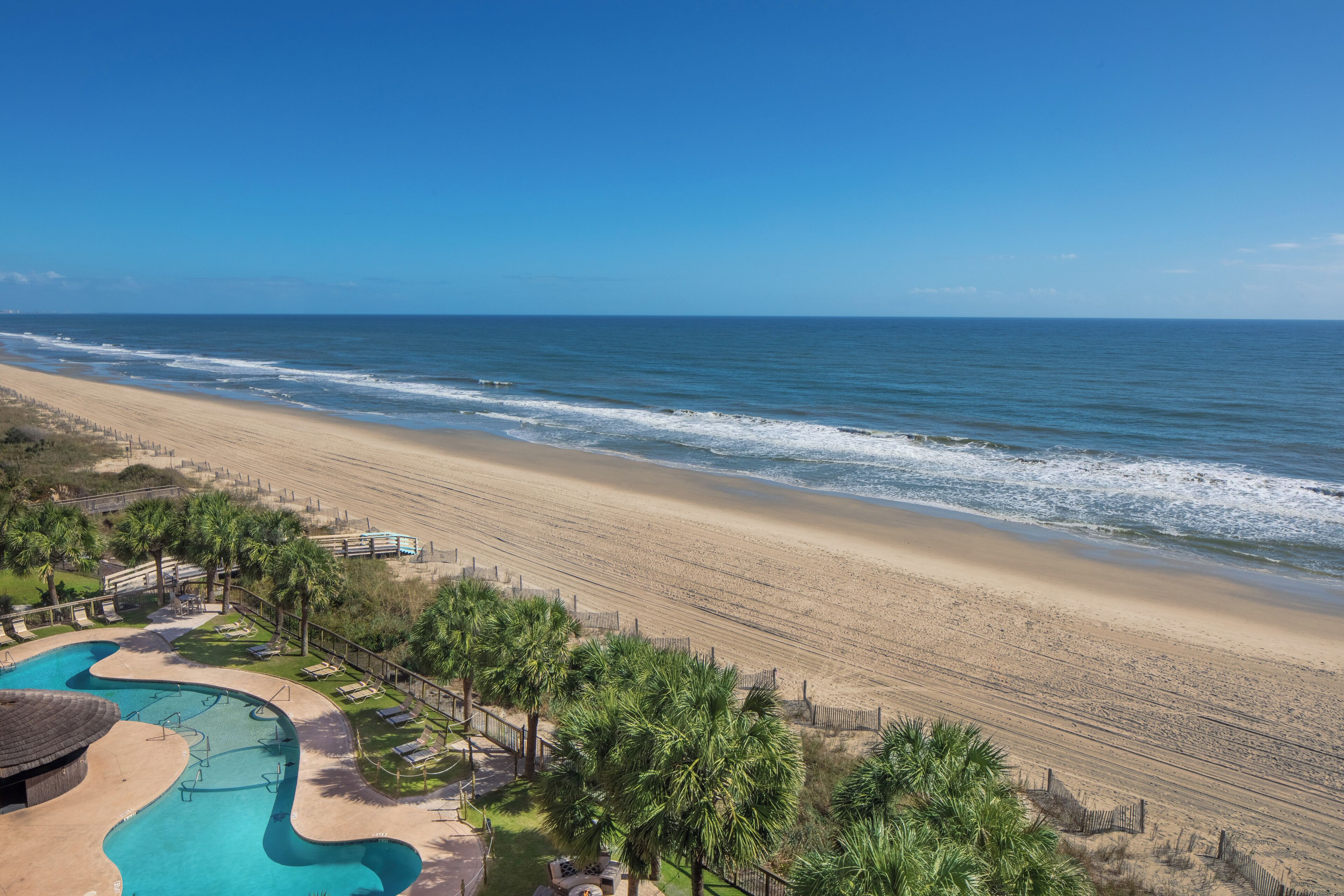 A beach resort with a swimming pool, palm trees, and a view of the ocean.