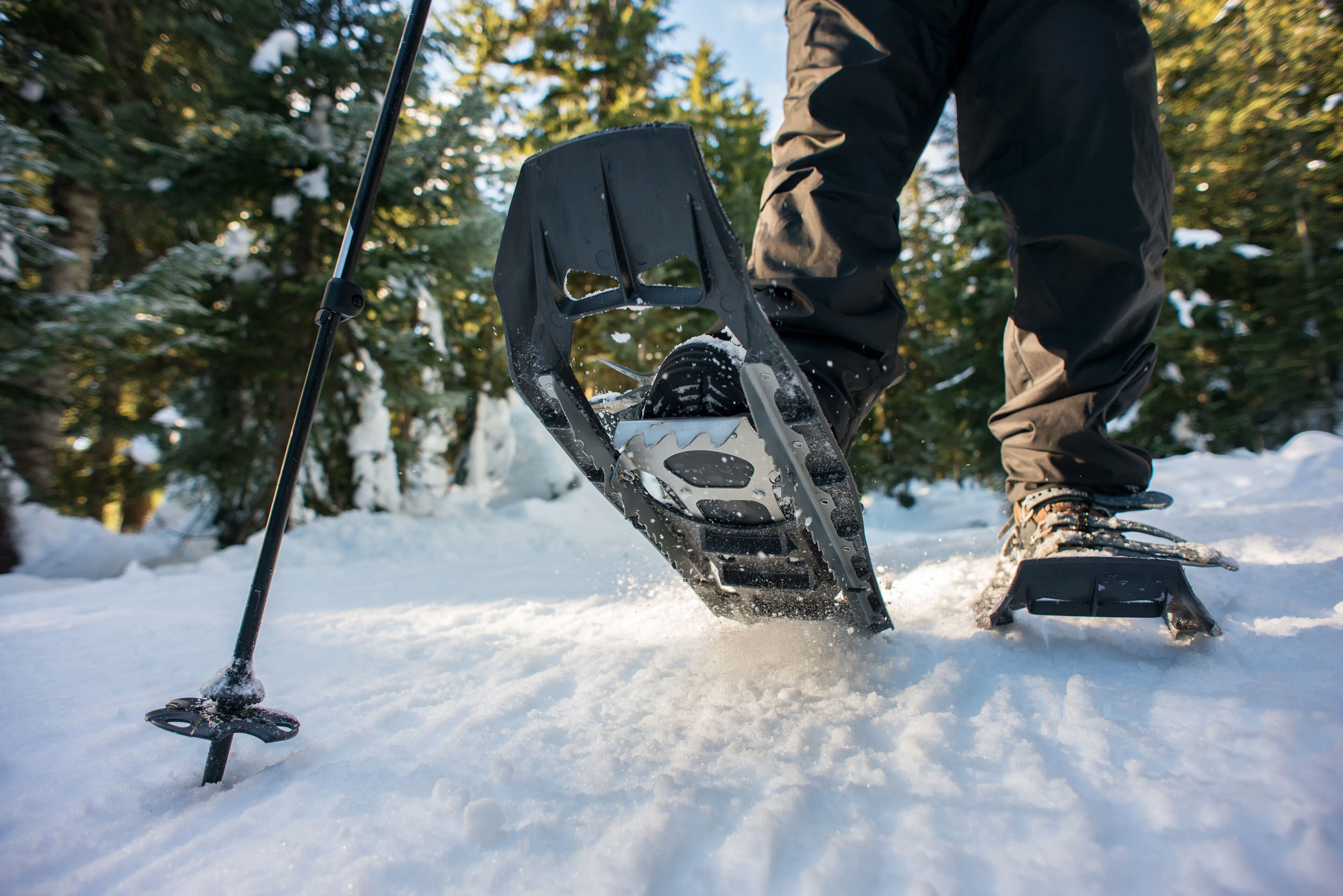 A person using snowshoes in a snowy environment with trees in the background.