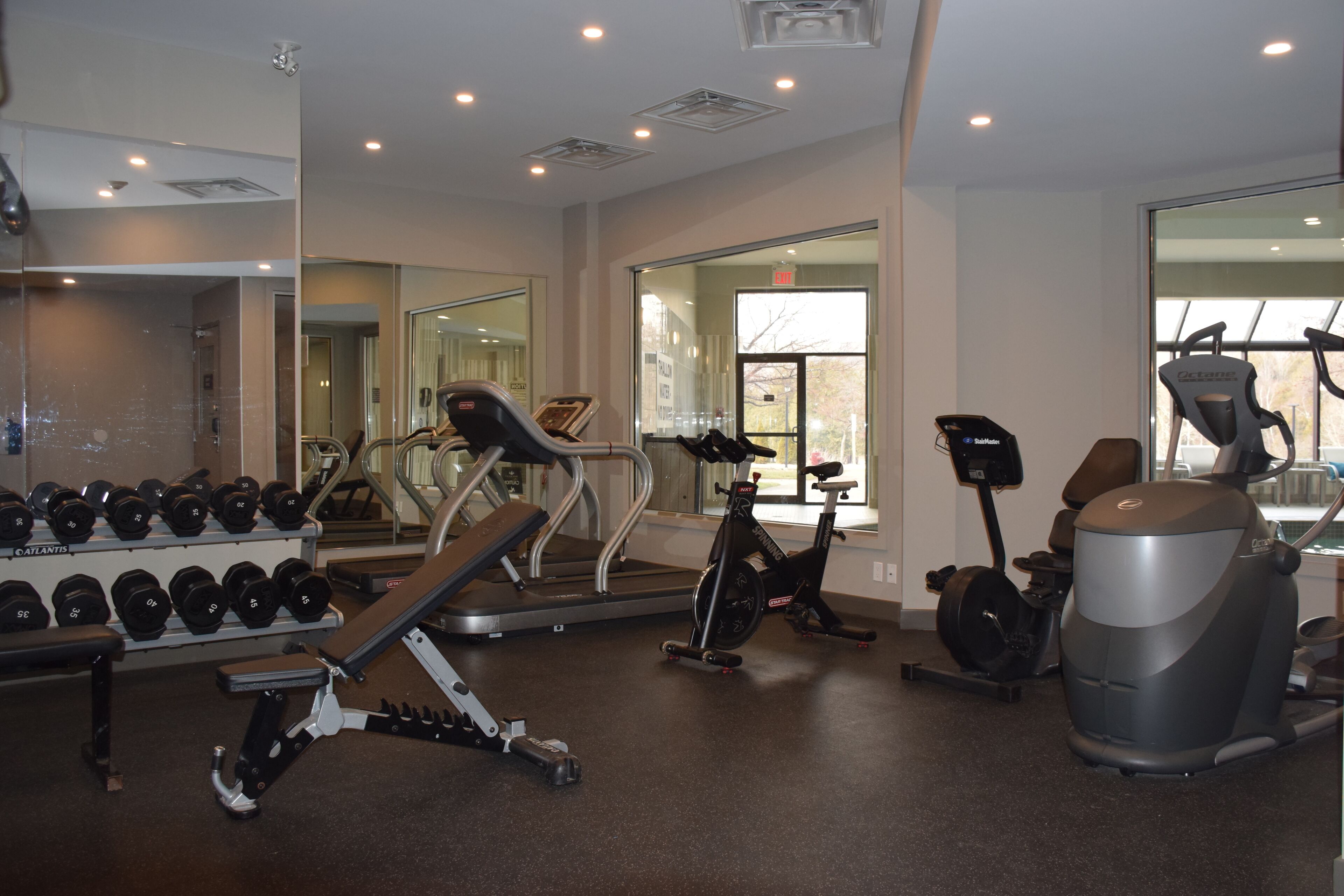 Ein Fitnessstudio mit Laufbändern, Crosstrainern, Kurzhanteln und einem Ergometer.