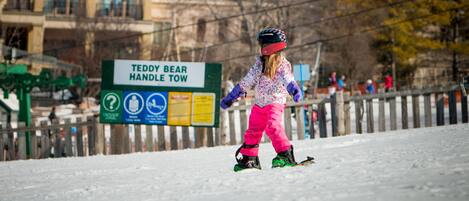 Lumipeitteinen maisema, jossa näkyy kyltti, jossa lukee ”TEDDY BEAR HANDLE TOW”, ja henkilö hiihtämässä.