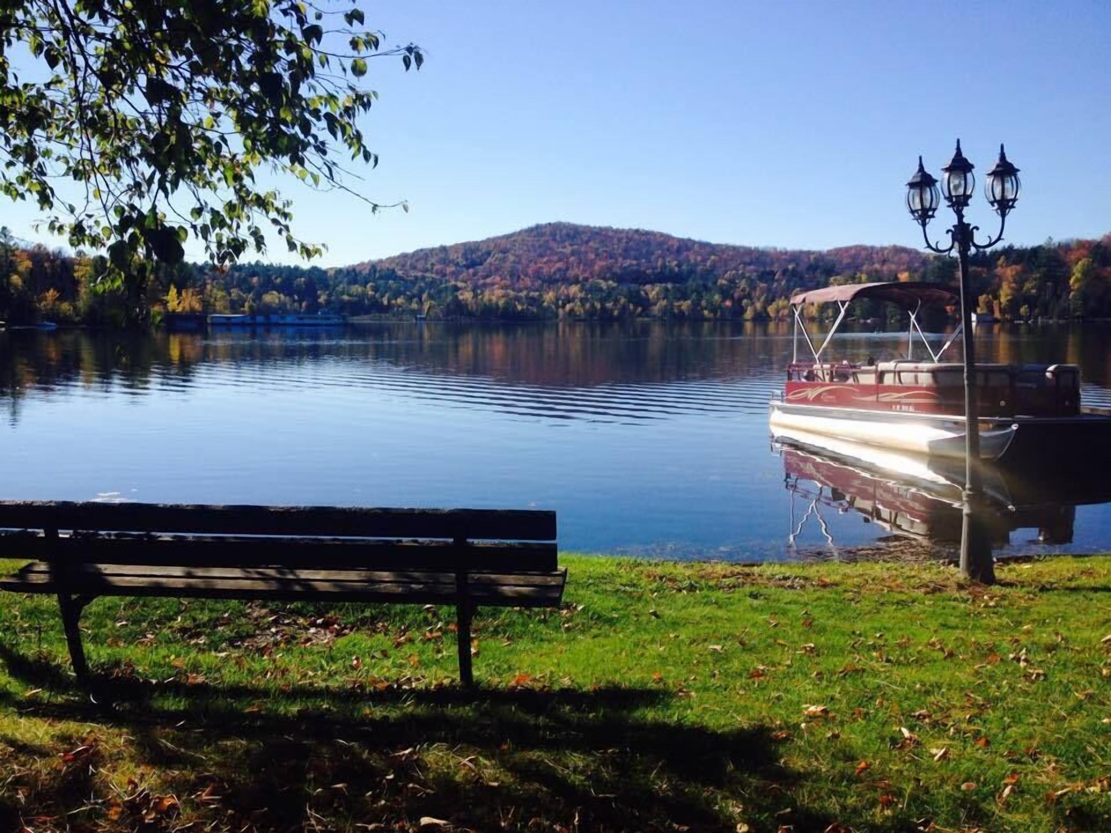 A lake with a boat docked on the right, a bench in the foreground, and a lamp post nearby.