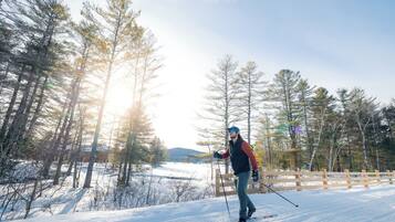 A person skiing on a snowy path with trees and a wooden fence in the background.